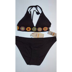 Isabella Rose Crochet Halter Bikini Top S + BECCA Bottom S Black 2Pc Swimsuit NW